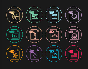 Set line PDF file document, MP3, MOV, ZIP, TIFF, XSL and BMP icon. Vector