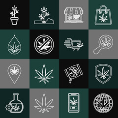 Set line Legalize marijuana, Shield and, Magnifying glass, Online buying, Stop, Marijuana or cannabis leaf oil, plant pot and Shopping cart with icon. Vector