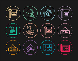 Set line House plan, Hanging sign with For Rent, Search house, Realtor, contract, Sale and icon. Vector