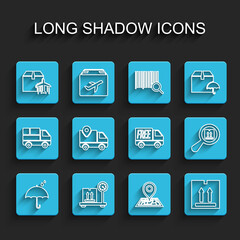 Set line Umbrella and rain drops, Scale with cardboard box, Plane, Placeholder on map, Cardboard traffic, Delivery tracking, Search package and Free delivery service icon. Vector