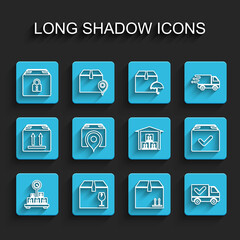 Set line Scale with cardboard box, Delivery fragile content, Locked package, Cardboard traffic, truck check mark, Location, Package and Warehouse icon. Vector