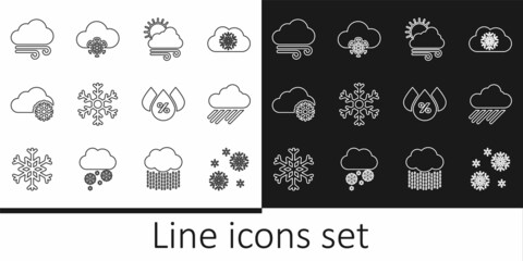 Set line Snow, Cloud with rain, Windy weather, Snowflake, snow, Water drop percentage and icon. Vector
