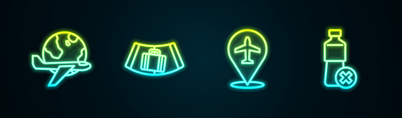 Set line Globe with flying plane, Conveyor belt suitcase, Plane and No water bottle. Glowing neon icon. Vector