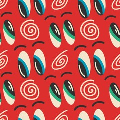 Colorful cartoon seamless pattern with open eyes. Vector illustration with funny isolated doodles. Hand-drawn cartoon.