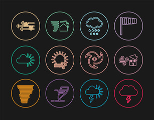 Set line Storm, Tornado swirl, Cloud with snow and rain, Wind sun, Cloudy, and icon. Vector