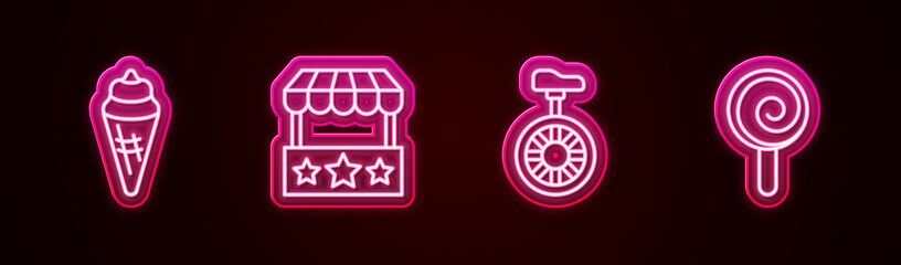 Set line Ice cream in waffle cone, Ticket box office, Unicycle or wheel bicycle and Lollipop. Glowing neon icon. Vector © Kostiantyn
