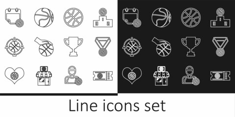 Set line Basketball game ticket, medal, Hand with basketball, Planning strategy, on sport calendar, Award cup and icon. Vector