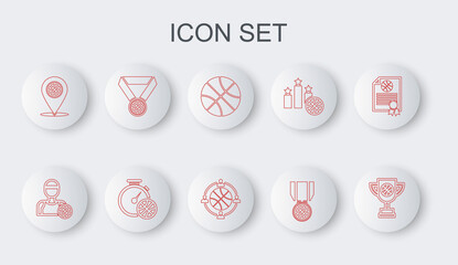 Set line Award cup with basketball ball, Basketball player, medal, Location, Stopwatch and Planning strategy icon. Vector