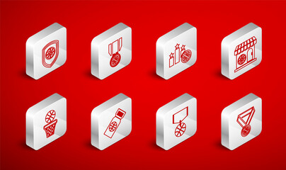Set line Basketball medal, Sports winner podium, shop and basketball, Shield the, game ticket and icon. Vector