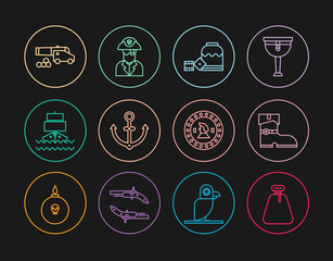 Set line Pirate sack, Leather pirate boots, game dice, Anchor, Ship, Cannon with cannonballs, coin and captain icon. Vector