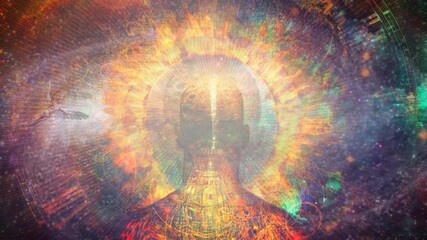 Burning aura. Man with flamed halo