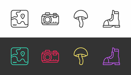 Set line Africa safari map, Photo camera, Mushroom and Hunter boots on black and white. Vector