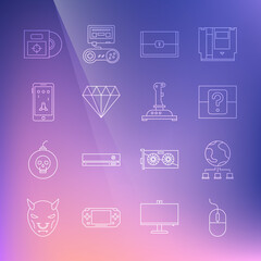 Set line Computer mouse, network, Mystery random box, Chest for game, Diamond, Mobile playing in, CD DVD disk and Joystick arcade machine icon. Vector