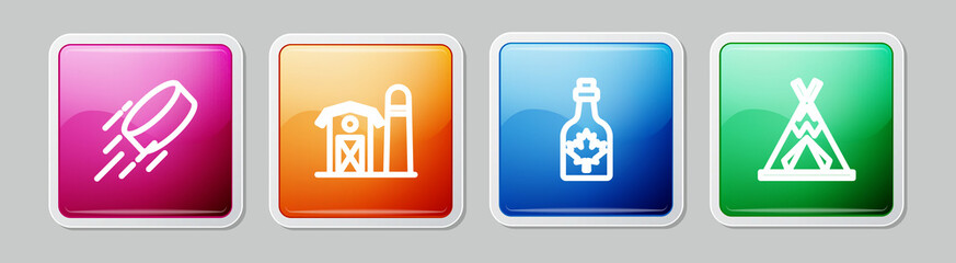 Set line Hockey puck, Farm house, Bottle of maple syrup and Indian teepee or wigwam. Colorful square button. Vector