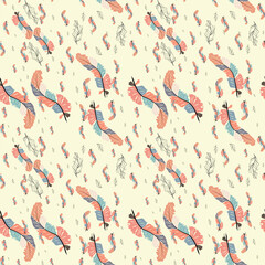 Colorful cute seamless pattern with variety of feathers