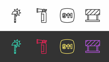 Set line Firefighter axe, extinguisher, Emergency call 911 and Road barrier on black and white. Vector