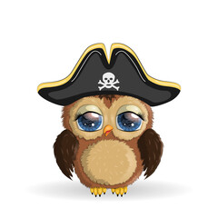 Owl pirate, cartoon character of the game, a bird in a bandana and a cocked hat with a skull, with an eye patch. Character with bright eye.