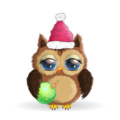 Cute Cartoon Owl in Santa hat on a white background