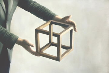 Illustration of man holding impossible cube, abstract surreal optical illusion paradox concept - obrazy, fototapety, plakaty