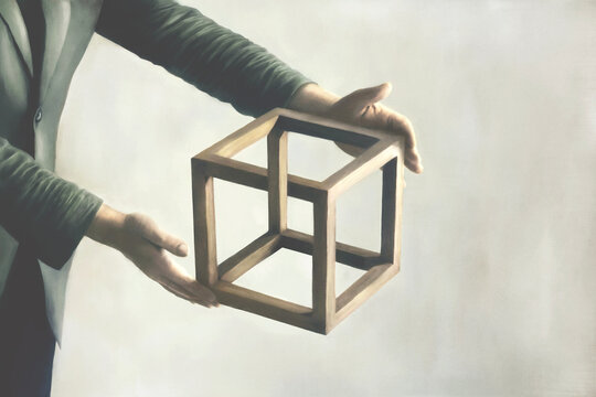 Fototapeta Illustration of man holding impossible cube, abstract surreal optical illusion paradox concept