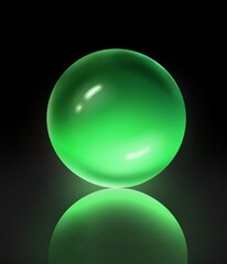 Abstract black background with shining green glass ball and reflection 