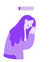 Tired girl suffers from lack of sleep due to insomnia. Loss of strength due to lack of energy. Flat vector purple illustration