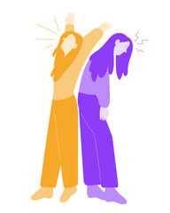 Bipolar disorder. Negative and positive thoughts. Optimist and pessimist. Split personality. Mental health problems. Unhappy sick girl. Flat vector illustration