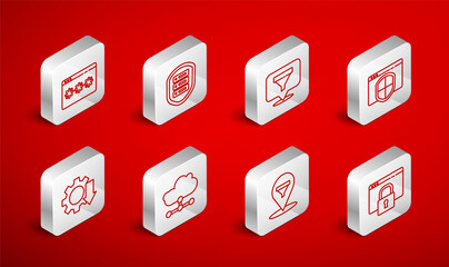 Set line Secure your site with HTTPS, SSL, Server shield, Location sales funnel, Browser, Password protection, Network cloud connection and Cost reduction icon. Vector