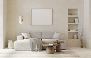 Warm, beige colors interior with sofa, round coffee tables and picture mockup. 3D render. 3D illustration. 

