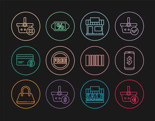 Set line Shopping basket and euro, Smartphone with dollar, building or market store, Price tag Free, Credit card, Remove shopping, Barcode and Discount percent icon. Vector