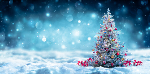 Fototapeta na wymiar Christmas Tree With Gift On Snow At Night - Snowy Abstract Landscape