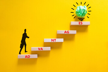 Advantages symbol. Wooden blocks stacking as step stair on yellow background, copy space. Businessman icon, light bulb. Word 'advantages'. Business and advantages concept.