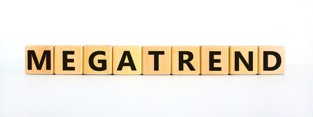 Megatrend symbol. The concept word Megatrend on wooden cubes. Beautiful white table, white background. Business and megatrend concept. Copy space.