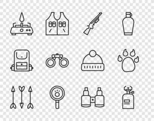 Set line Hipster arrows, Camping gas stove, Shotgun, Paw search, Binoculars, and print icon. Vector