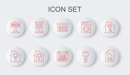 Set line House contract, Search house, Garage, key, Hanging sign with Sale, under protection and For Rent icon. Vector