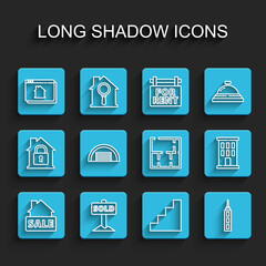 Set line Hanging sign with Sale, text Sold, Online real estate house, Staircase, Skyscraper, Garage, House and plan icon. Vector