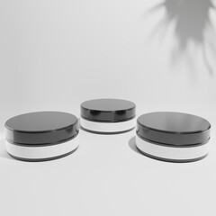 three black cosmetic jars a top view with blank label for mockup 3d render