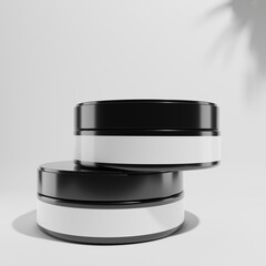 two black jars with blank label and black cap on white background 3d render