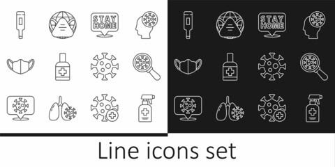Set line Liquid antibacterial soap, Virus under magnifying glass, Stay home, Medical protective mask, thermometer, and Earth with medical icon. Vector