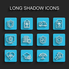 Set line Health insurance, Graduation cap and coin, Life with shield, Scales of justice, House, and Plane icon. Vector
