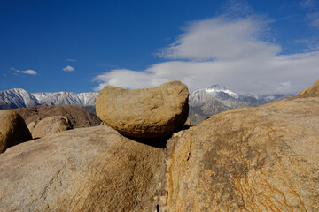 The Rugged and carved granite boulders of Alabama Hills outside of the Eastern Sierra Mountains and Mt Whitney Eastern California