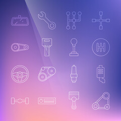 Set line Timing belt kit, Car muffler, Gear shifter, key with remote, mirror and icon. Vector