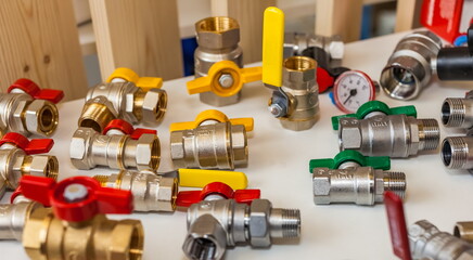 Samples of water taps close-up on the table