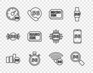 Set line 5G network, Search, Micro Sim Card, Digital speed meter, Nano, and Mobile with icon. Vector