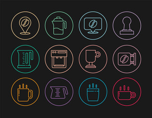 Set line Coffee cup, Street signboard coffee, Location with bean, machine, Electric kettle, Irish and French press icon. Vector