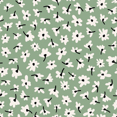 Fototapeta na wymiar Cute ditsy daisy with stem seamless repeat pattern. Random placed, vector millefleurs all over surface print on sage green background.