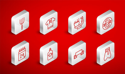 Set line Cossack pants, Embroidered shirt, Monument to founders of Kiev, Ukrainian hryvnia, towel, Garden pitchfork, Bottle vodka and Independence day Ukraine icon. Vector