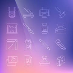 Set line Printer ink cartridge, Stationery knife, Ink bottle, Paint brush, 3D printer, Carton cardboard box and icon. Vector
