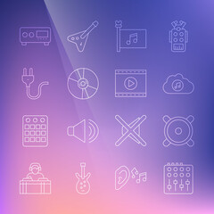 Set line Sound mixer controller, Stereo speaker, Music streaming service, festival flag, CD or DVD disk, Electric plug, Guitar amplifier and Online play video icon. Vector