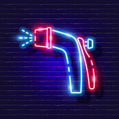 Spray gun neon icon. Irrigation system, watering system, hose and accessories glowing signs. Vector illustration for design, website, advertising, store, goods.